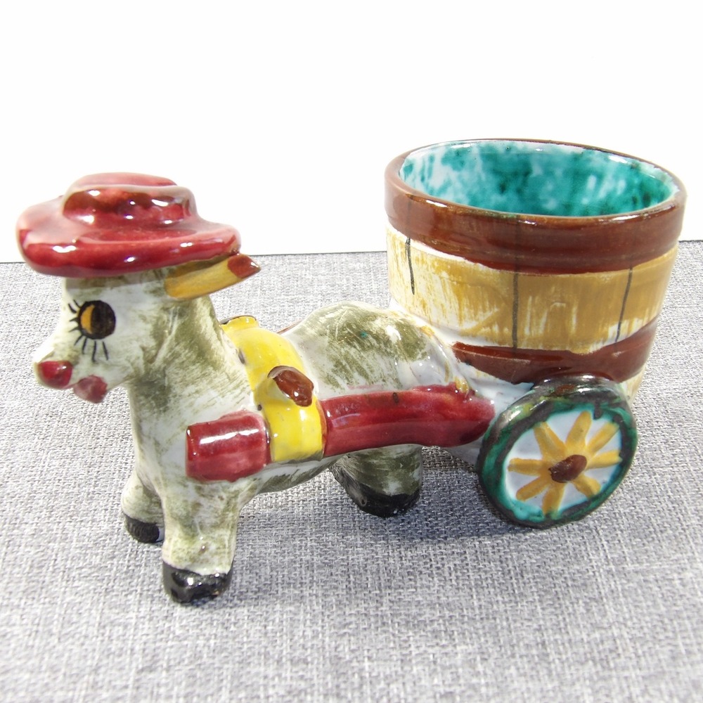 Vintage Italy Ceramic Donkey Cart Planter Figurine Multicolor Good Hand Painted